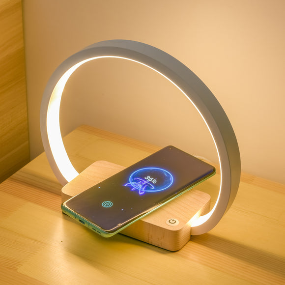 Lampa cu functie de incarcare wireless pentru telefon, smartwatch, casti, lumina alba si suport elegant de lemn